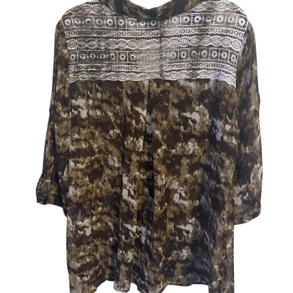 BROWN/TAN/GREEN PRINT 3/4 Sleeve Button Down TOP CREAM/LACE DETAIL SZ: 18 #V - Picture 7 of 10